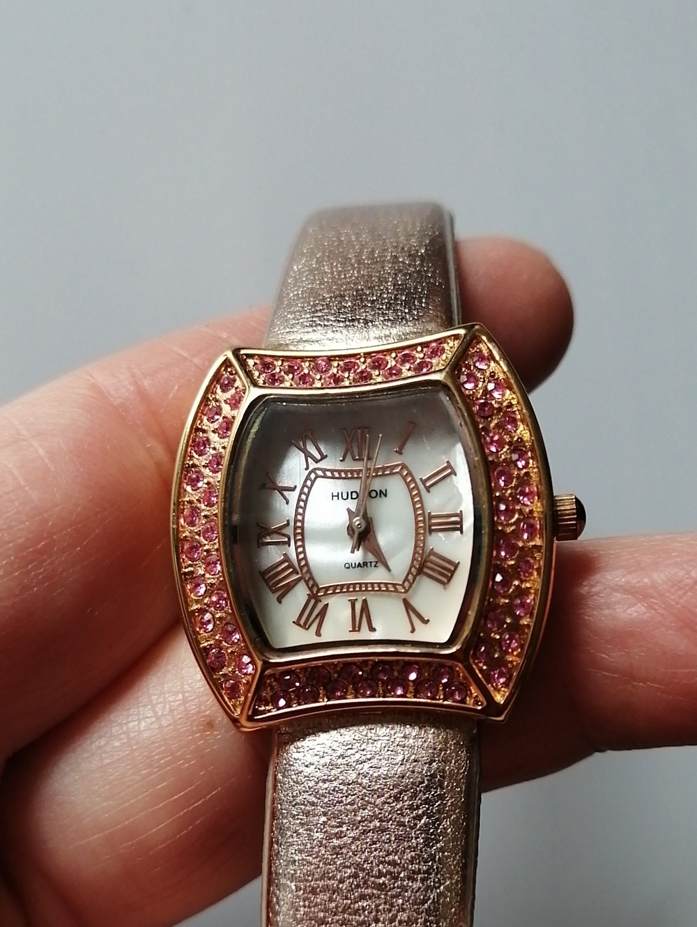 Hudson Analog Wristwatch Goldtone Tonneau Case Pink Crystal Genuine Leather Band - Picture 2 of 8